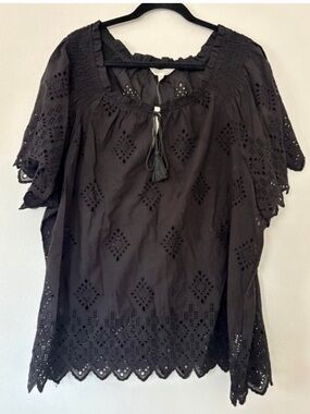 NWT Adiva Eyelet Open Knit Black Tassel Boho Peasant Style Top